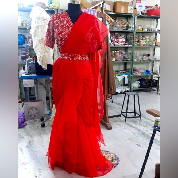 Pre-draped Ruffle Indian Saree and Embellished Blouse with Belt - Picture 2 of 2